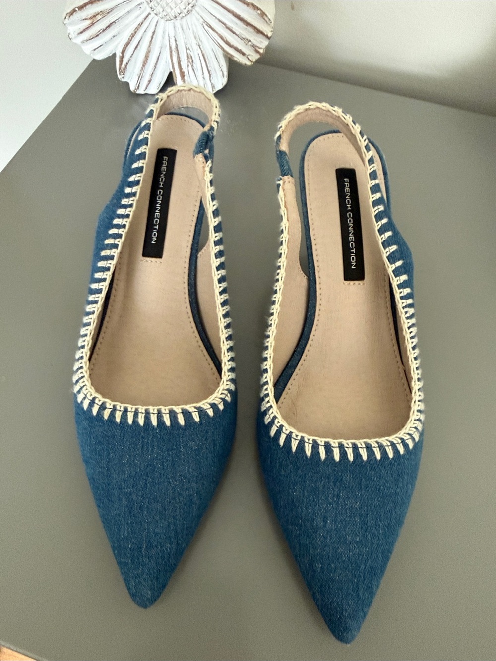 French Connection Denim Blue Pointed Slingback Flats with Cream Stitching